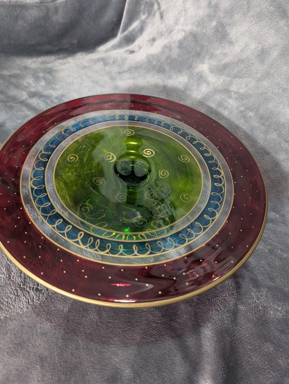 Hand Painted Art Glass Pedestal Compote Bowl Red Green Blue Gold Scroll Decor